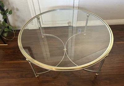 Vintage Ethan Allen Round stainless steel/Brass Glass Table. Made in Italy - Image 1 of 4