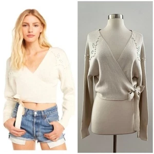 Wildfox Wilder Pearl Tie Wrap Sweater Embellished Beaded Cropped Cream Large NWT - Picture 1 of 15
