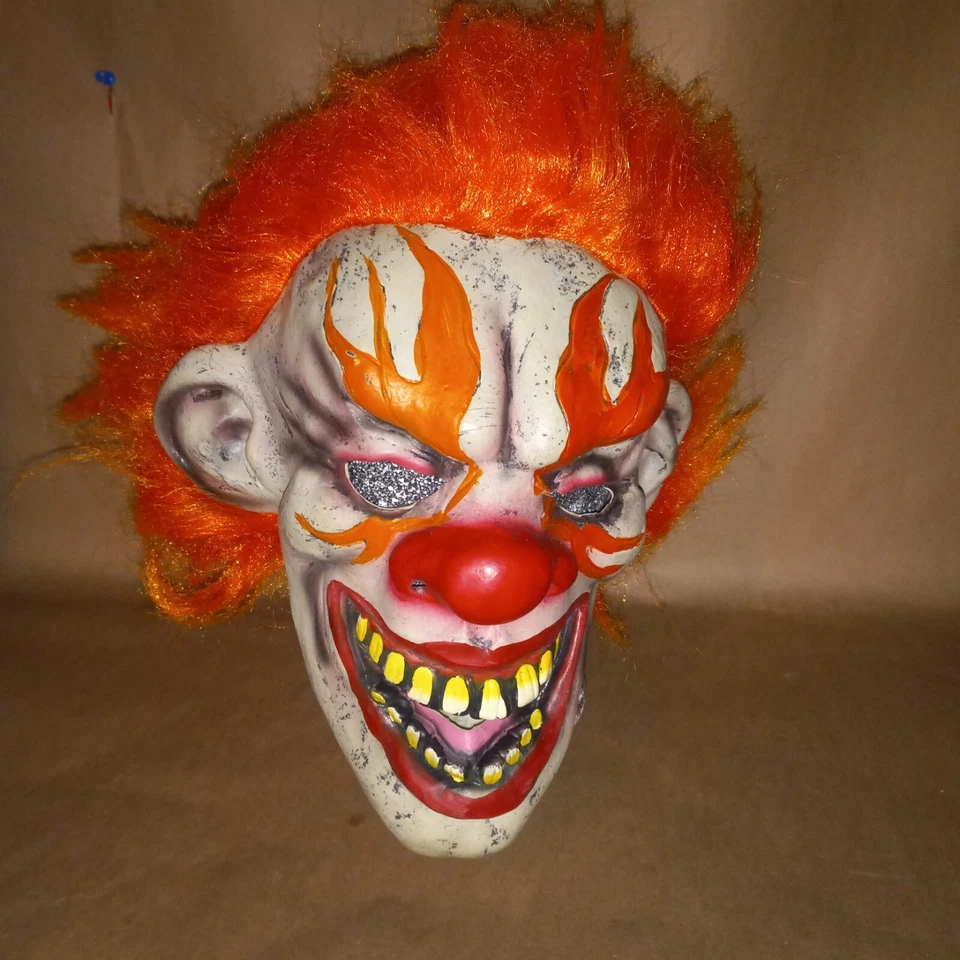 Adult Halloween Clown Mask Latex Horror Orange Hair Flame Eyes Scary Party - Image 1 of 4