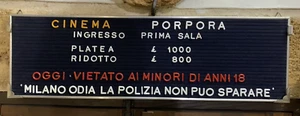VINTAGE INSEGNA prezzi CINEMA PORPORA MILANO ODIA POLIZIA NON PUò SPARARE 1970s - Picture 1 of 11