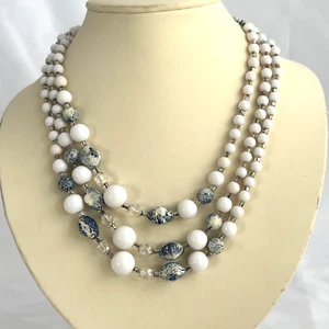Vintage 3 Strand JAPAN Signed BLUE & WHITE  Beaded Necklace in Silver Tone - Picture 1 of 10