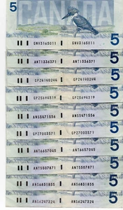 Bank of Canada 1986 $5 Five Dollars Lot of 10 Vintage Notes $50 Face Kingfisher - Bild 1 von 1