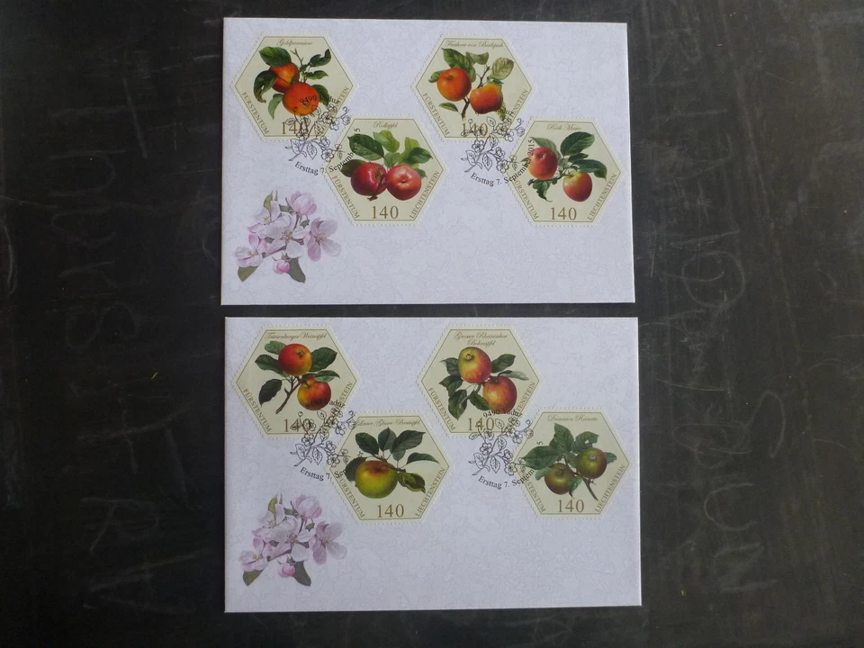 2015 LIECHTENSTEIN OLD FRUIT ARIETIES APPLES SET OF 8 STAMPS 2X FIRST DAY COVERS - Image 1 of 1