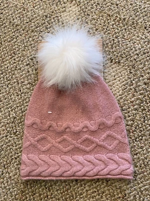 Chapéu de inverno feminino branco pinho 100% cashmere malha gorro rosa pele sintética pom - Imagem 1 de 3