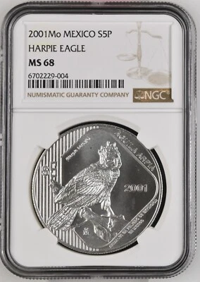 2001 Mo Mexico Silver 5 Pesos Harpie Eagle NGC MS 68 - Image 1 of 2