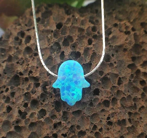 Hamsa Necklace Fatima Hand pale Blue Opal Pendant Silver Sterling Charm Choker - Picture 1 of 4