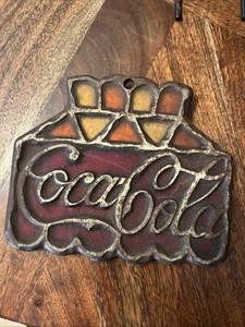 Vintage Coca Cola Stained Glass Cast Iron Hot Plate Coaster Retro Decor - Picture 1 of 2