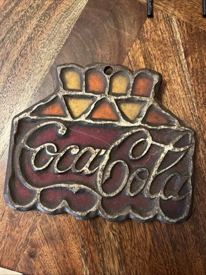 Vintage Coca Cola Stained Glass Cast Iron Hot Plate Coaster Retro Decor - Image 1 of 2