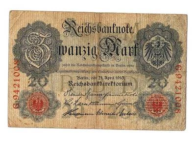 1910 German Empire 20 Mark Banknote   - Image 1 of 2