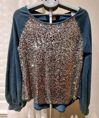 Venus Blouse Top Women's Medium Sequin Soft Stretchy Denim Long Sleeve - Imagem 1 de 4
