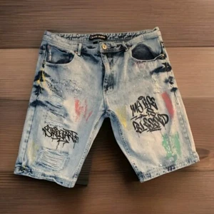 RARE CREATE 2MRW DENIM JEAN SHORTS DISTRESSED LOOK SIZE 36 MY LIFE IS BLESSED - Picture 1 of 4