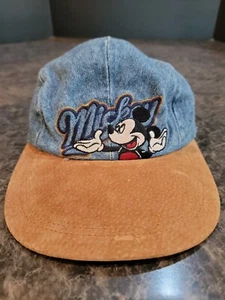 Vtg 90s Y2K Mickey Unlimited Denim Hat Embroidered Mickey Mouse Blue Red Small - Picture 1 of 11