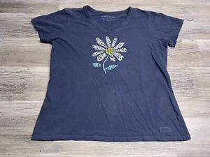 Life is Good Womens V-Neck T-Shirt Flower Word Art Hippie Boho Size L Faded Blue - Picture 1 of 9