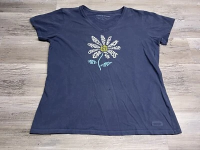 Life is Good Womens V-Neck T-Shirt Flower Word Art Hippie Boho Size L Faded Blue - Image 1 of 4