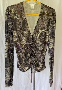 VIVIENNE TAM Sheer Mesh Long Sleeve Top – Dark Grey Graphic with V-Neck - Picture 1 of 5