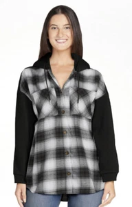 No Boundaries Juniors Fleece and Flannel Plaid Shirt Top w/Hood Black Sz M (7-9) - Picture 1 of 5