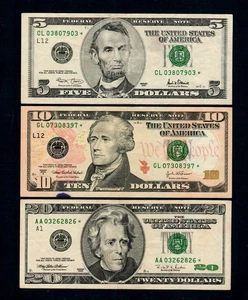 ⭐️3 Notes $20 1996 $10 2004-A $5 2001 STAR Federal Reserve Notes (B215) - Picture 1 of 2