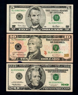 ⭐️3 Notes $20 1996 $10 2004-A $5 2001 STAR Federal Reserve Notes (B215) - Image 1 of 2