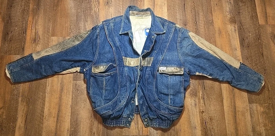 Vintage Guess 1980s Marty Mcfly 2 Tone Leather Denim Jacket Trucker Mens Large L - Image 1 of 3
