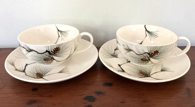 Juego de 2 platillos tazas de té vintage Mid Century Canyon Pine Conos Kanedai Japón Foto 1 de 4
