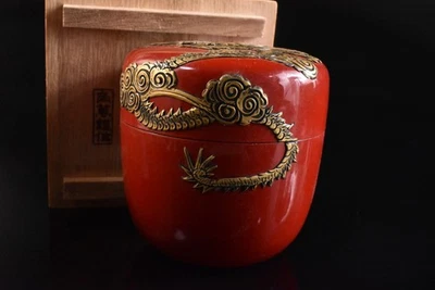 S2490: Artículos de laca de madera japoneses dragón oro CADDY DE TÉ Natsume con caja firmada Foto 1 de 4