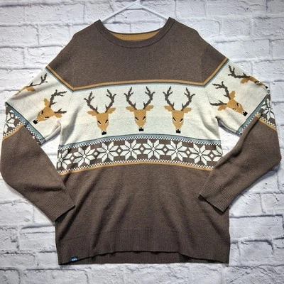 KAVU Highline Deer Sweater Men Medium Brown ALL OVER Print Wool blend Pullover - Image 1 of 4