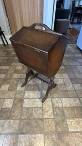 Vintage Wooden Standing Sewing Box Cabinet w/ Legs & Double-Hinged Lid , Tray - Picture 1 of 23