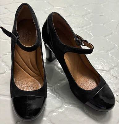 "Zapato Clarks Indigo Negro Patente/Gamuza 3"" Tacón Mary Jane Mujer Talla 8.5M" Foto 1 de 4