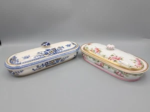 Pair Of Antique Ironstone Minton Lidded Toothbrush Holders 1 Pink 1 Blue - Picture 1 of 17