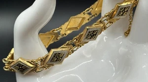 Vintage MCM 1950s Spanish Damascene Gold Black Triangle Link Adjustable Bracelet - Bild 1 von 8