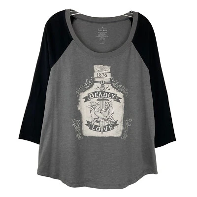Camiseta Tórrida Gris Amor Mortal Tatuaje Gráfico 3/4 Mangas Raglán Talla 10 M/L Foto 1 de 4