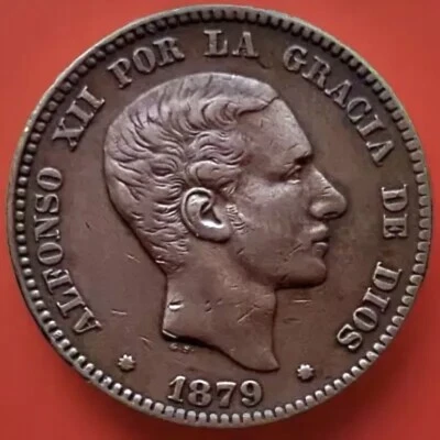10 Céntimos España 1879, Antigua Moneda Española, Alfonso XII Diez Céntimos, Mejor Grado. Foto 1 de 4