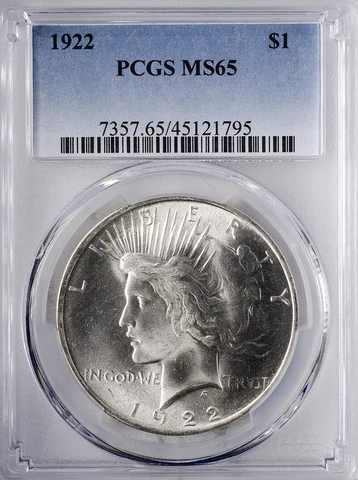 1922 Peace Dollar PCGS MS65 Frosty Mint Luster, Nice Cover