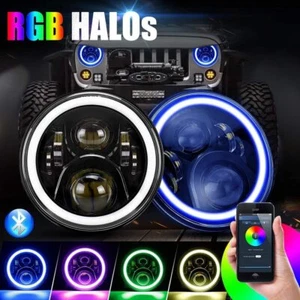 2X 7'' LED Headlights Halo RGB Lamp Combo KIT APP For Jeep Wrangler JK 2007-2018 - Foto 1 di 11