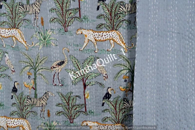 Indian Forest Print Kantha Quilt Cotton Bedspread Handmade Bedding Blanket Throw