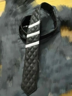 Black Men's Leather Quilted Neck Tie Genuine Lambskin High Quality Formal Party - Image 1 of 4