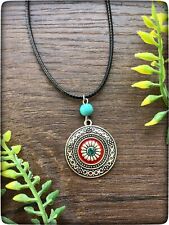 NEW Silver Colour Blue Red Boho Gypsy Coin Circle Bohemian Black Cord Necklace