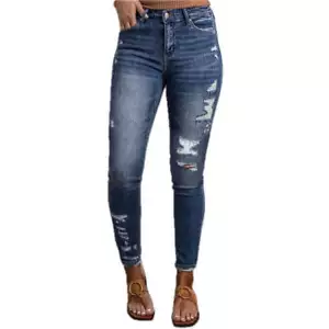 Womens Fitted Jeans High Waist Trousers with Frayed Washed Design and Casual Loo - Picture 1 of 7
