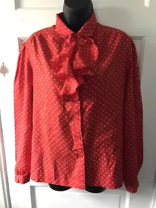Vintage 60’s ~ 70’s Red & White Polka Dot Nylon Ruffled Blouse Sz L - Picture 1 of 6