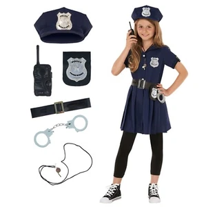 Girl s Navy Blue Police Costume + Toys Kids Officer Cop Uniform Dress Halloween - Picture 1 of 6