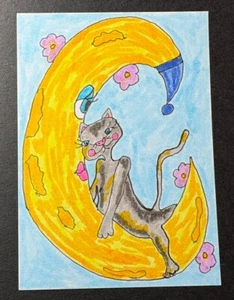 ATC ACEO Ink Drawing Abstract Mini Art Small Original Drawing Kitty Cat On Moon - Picture 1 of 2