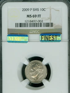 2009 P ROOSEVELT DIME NGC MS69 FT SMS PQ MAC FINEST GRADE MAC SPOTLESS . - Picture 1 of 4