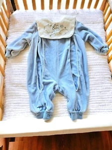 Velor Velvet Romper Bib Collar Clouds Moon Embroidered Snap Blue VTG - Picture 1 of 6