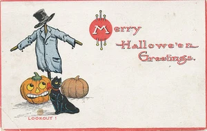 Halloween PC 1912 * Black Cat Guarding JOL & Scarecrow - Picture 1 of 2