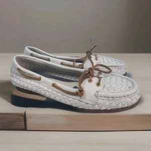 Sperry Women Sz 7 Boat Shoes Top Siders Flats White AUDREY Woven Leather - Picture 1 of 10