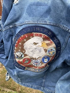 Wrangler Vintage Denim Jacket M‑L | Eagle Patch USA Flag Military Americana - Picture 1 of 13