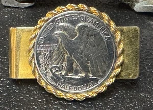 Geldklammer vergoldet Walking Eagle Liberty Silber Half Dollar Vintage Münze - Bild 1 von 2