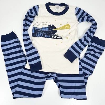 Hanna Andersson Pajamas Set Kids Size 8 Blue Polar Express Organic Cotton Train - Image 1 of 4