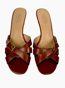NEW Talbots Brown Leather Heeled Sandals Mules Sz 10 - Picture 1 of 7