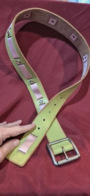 New Linea Pelle Med Leather Belt Lime Green Pink Woven Ribbon Rhinestone Accent  - Image 1 of 4